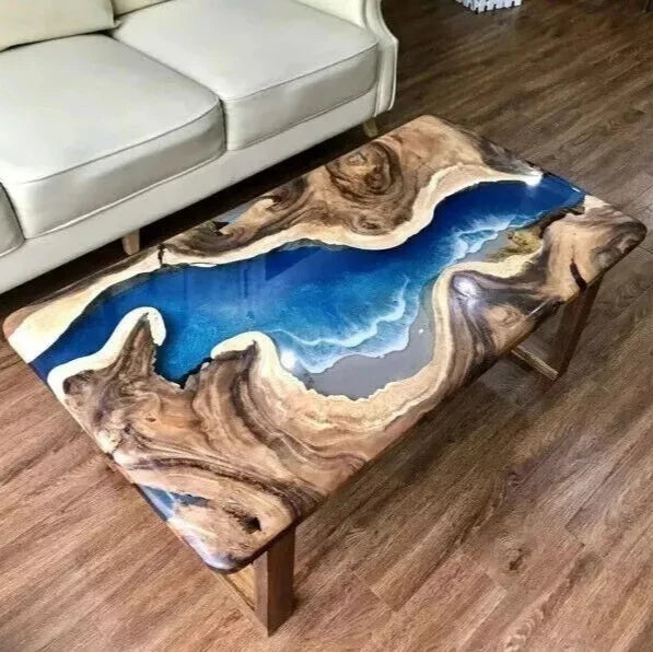 Custom Blue Epoxy Resin Dining Table Acacia Wood River Themed Hallway Centertop