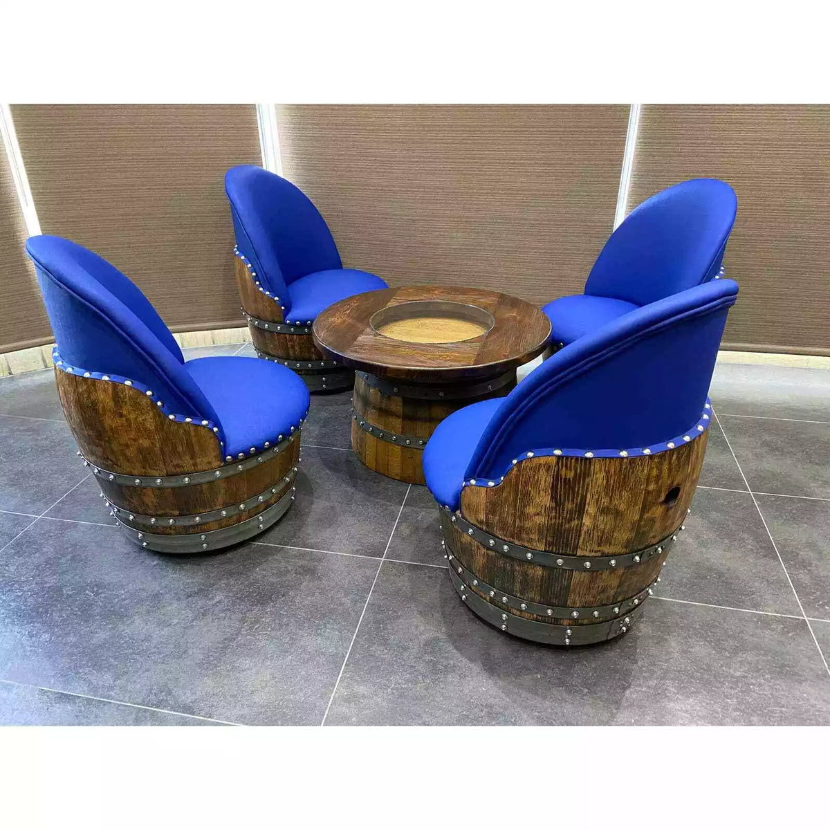Wine Barrel 4-Chair Half-Barrel Table Set (Barrel Chair-Whiskey Barrel Table)